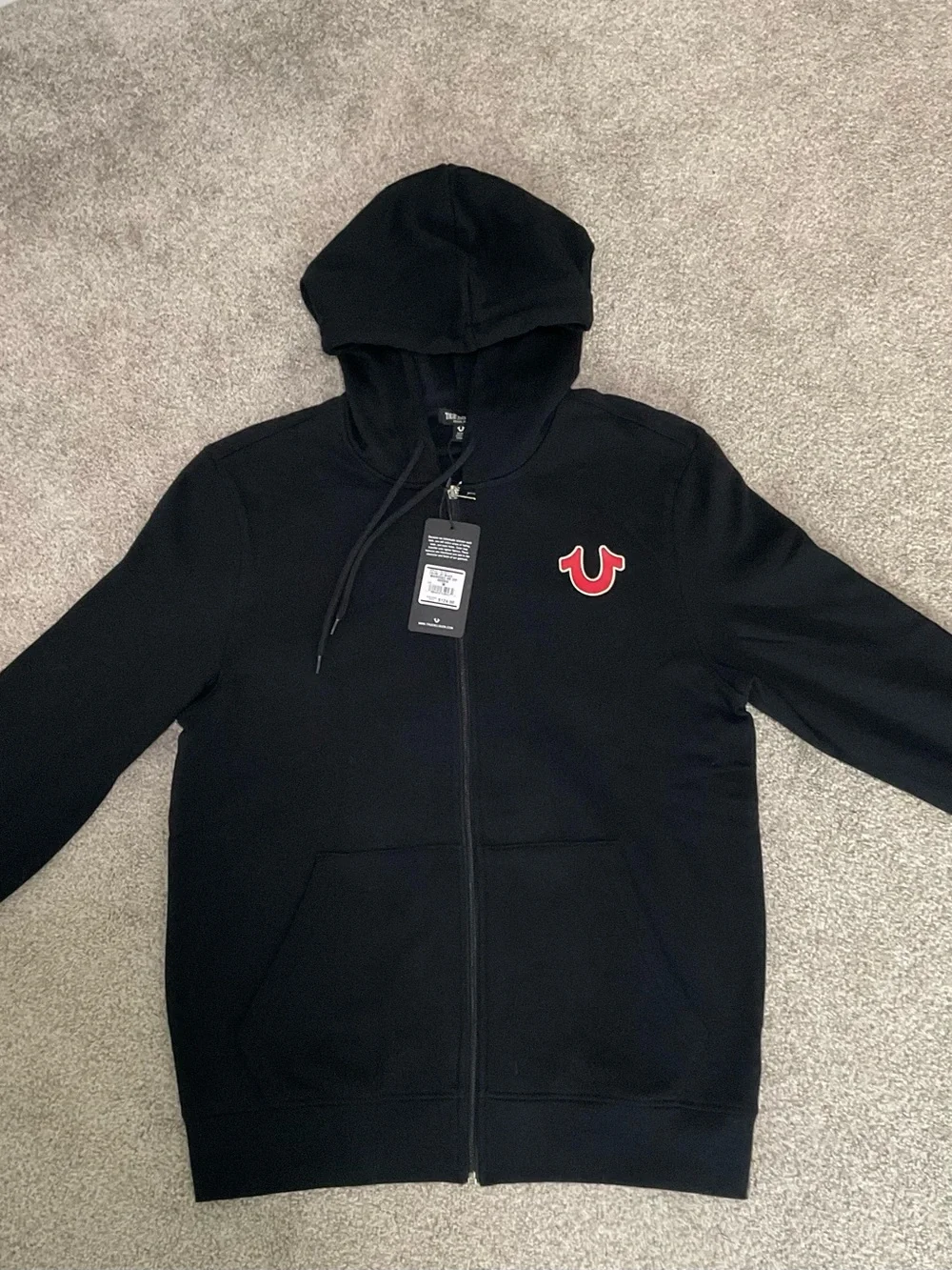 True Religion Black Zip-Up Hoodie with Red Logo Mens M